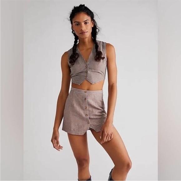 Free People Gingham skort vest set,All Products : American Fashion Style Bags On Sale